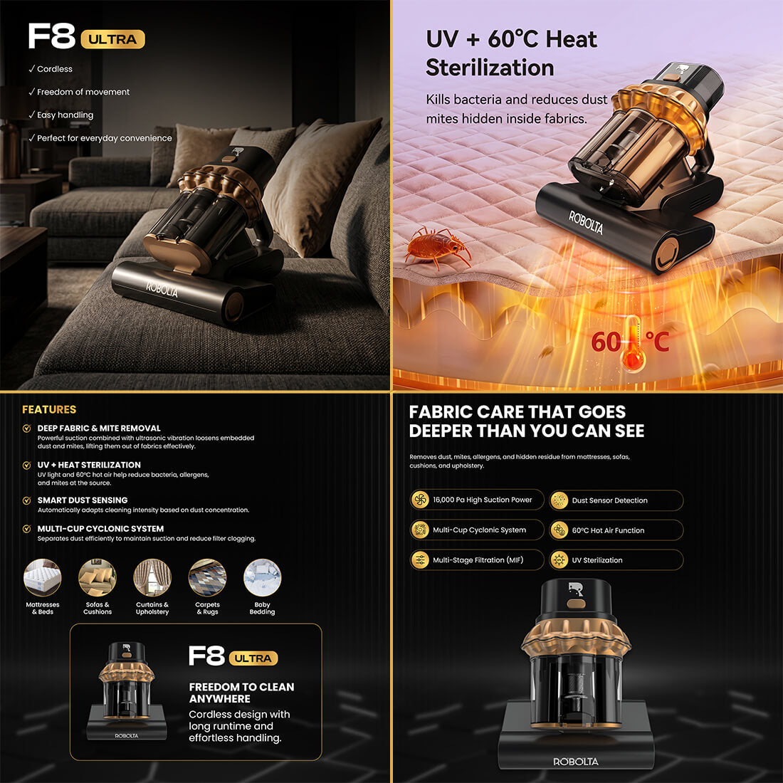 ROBOLTA F8 ULTRA - Cordless Fabric & Mite Care Vacuum Deep Cleaning. Total Freedom.