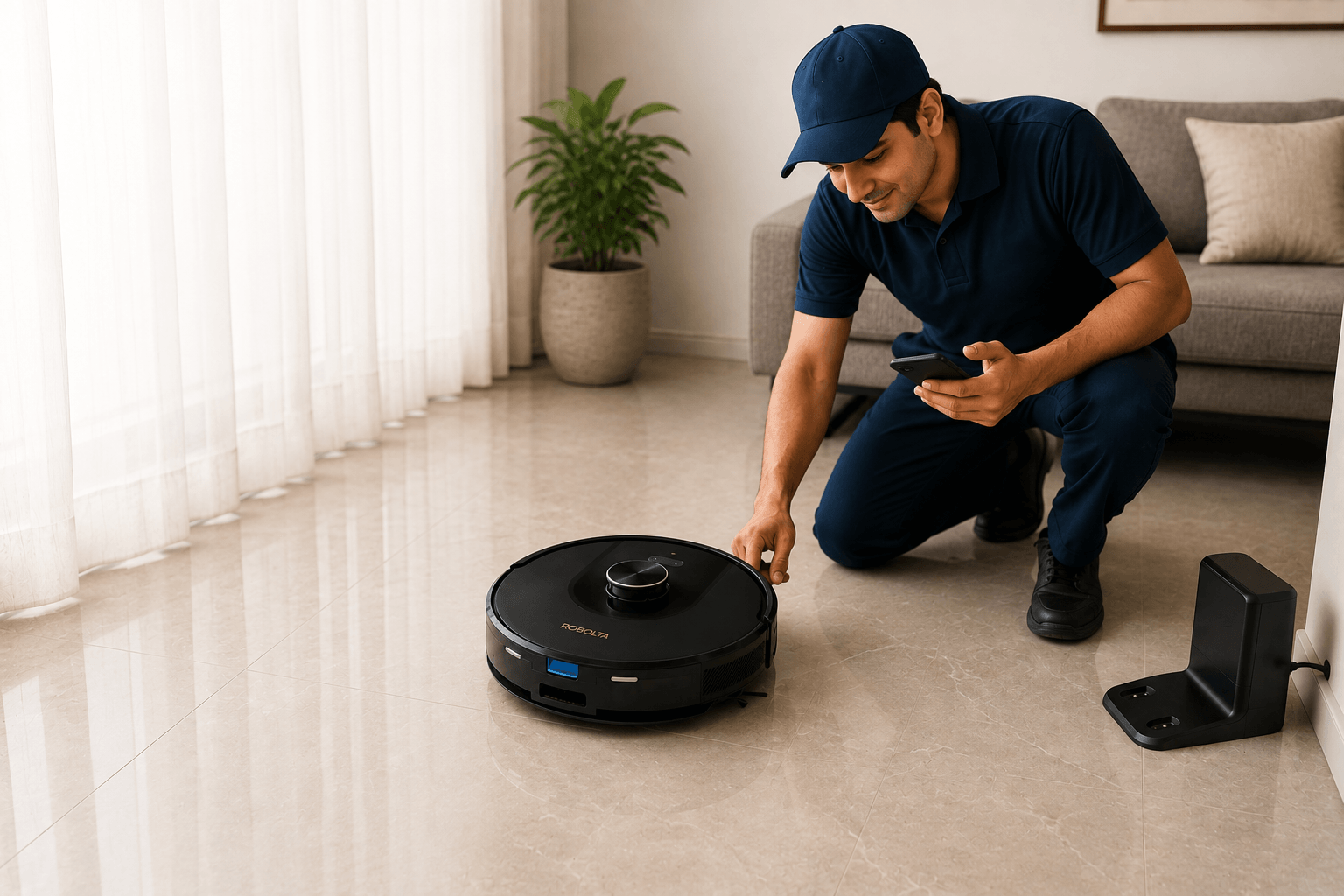 Robolta robot vacuum being set up in a home